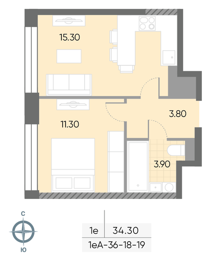 Продажа 1-комнатной квартиры 34,3 м², 19/30 этаж