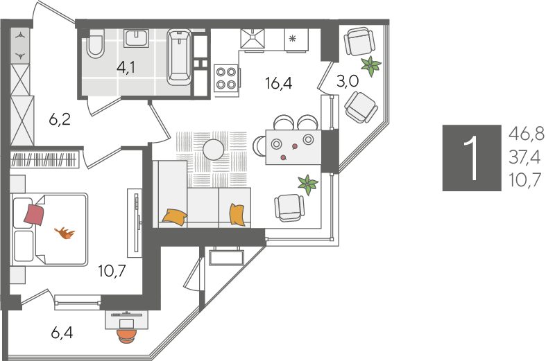 Продажа 1-комнатной квартиры 46,8 м², 20/24 этаж