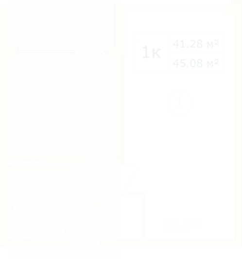 Продажа 1-комнатной квартиры 45,1 м², 3/12 этаж