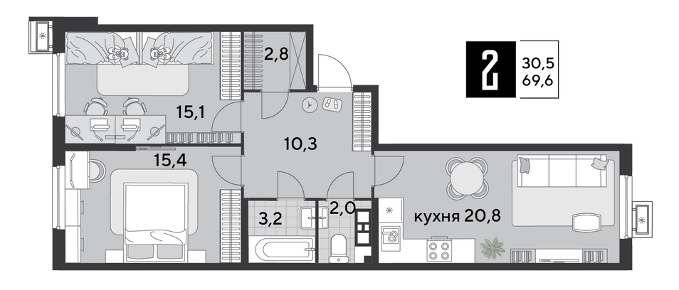 Продажа 2-комнатной квартиры 69,6 м², 6/18 этаж