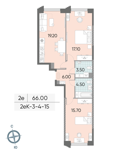 Продажа 2-комнатной квартиры 66 м², 13/58 этаж