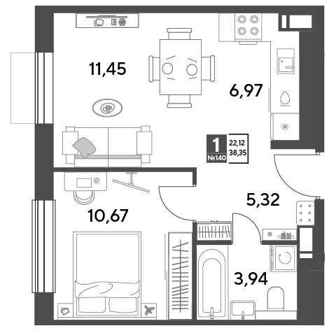 Продажа 1-комнатной квартиры 38,3 м², 5/15 этаж