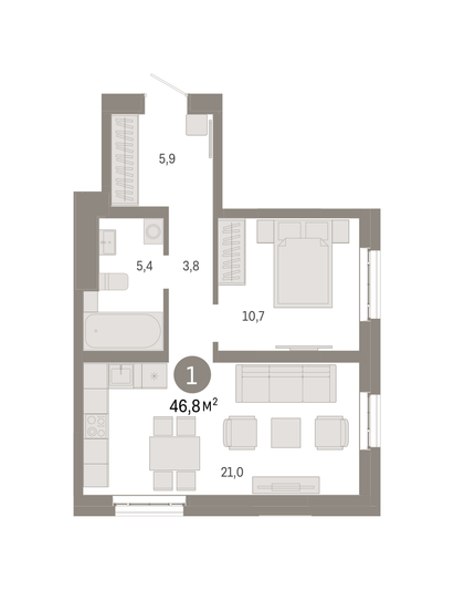 Продажа 1-комнатной квартиры 46,8 м², 6/31 этаж