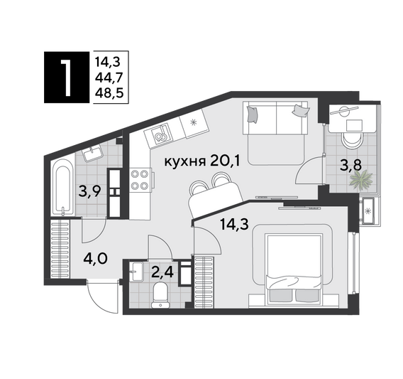 Продажа 1-комнатной квартиры 48,5 м², 11/18 этаж