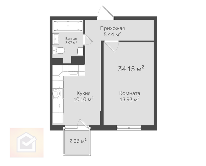 Продажа 1-комнатной квартиры 34,2 м², 2/6 этаж