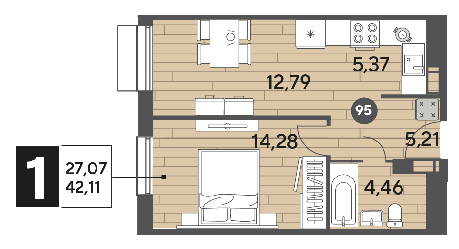 Продажа 1-комнатной квартиры 42,1 м², 9/9 этаж