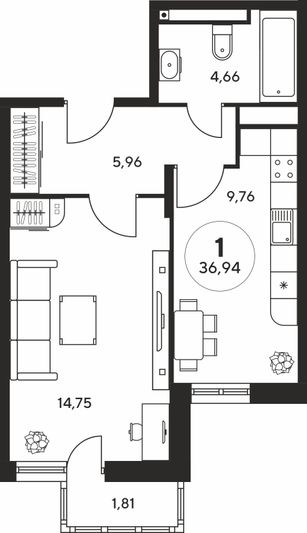 Продажа 1-комнатной квартиры 36,6 м², 8 этаж
