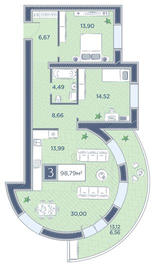 Продажа 3-комнатной квартиры 98,8 м², 13/18 этаж