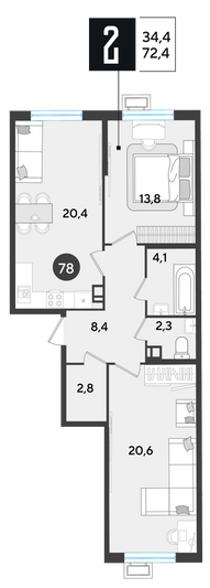 Продажа 2-комнатной квартиры 72,4 м², 9/18 этаж