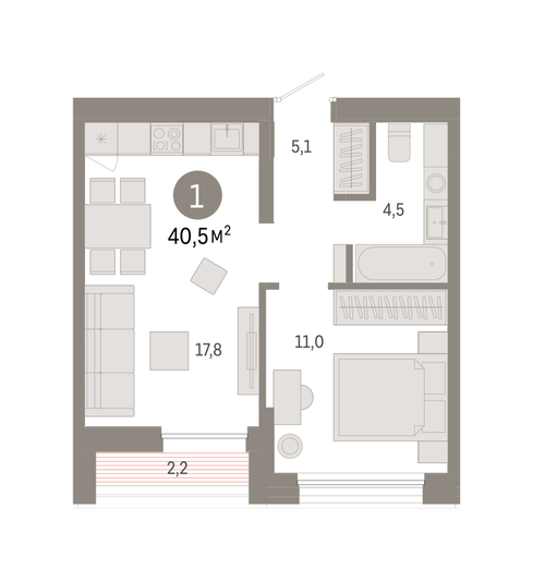 Продажа 1-комнатной квартиры 40,5 м², 2/9 этаж
