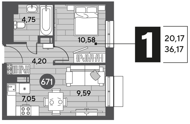 Продажа 1-комнатной квартиры 36,2 м², 5/15 этаж