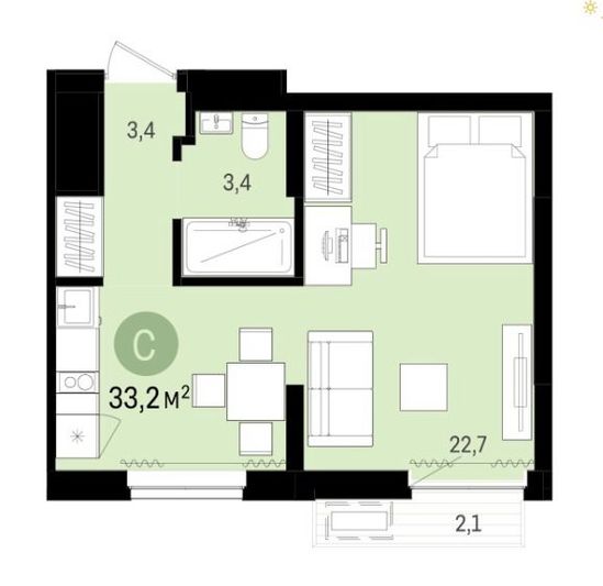 Продажа квартиры-студии 33,2 м², 2/9 этаж