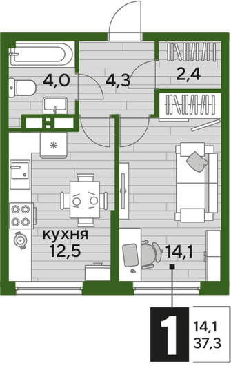 Продажа 1-комнатной квартиры 37,3 м², 17/19 этаж