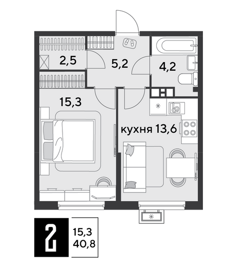 Продажа 1-комнатной квартиры 40,8 м², 5/9 этаж