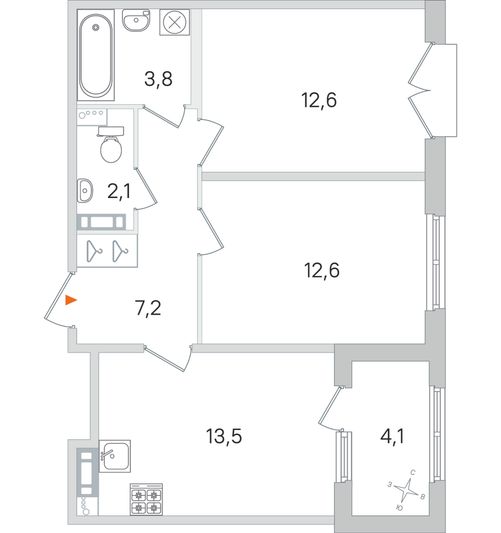 Продажа 2-комнатной квартиры 53,8 м², 3/4 этаж