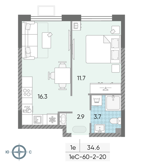 Продажа 1-комнатной квартиры 34,6 м², 20/24 этаж