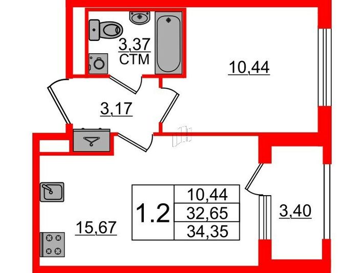 Продажа 1-комнатной квартиры 32,7 м², 3/4 этаж