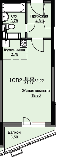 Продажа квартиры-студии 32,2 м², 14/17 этаж