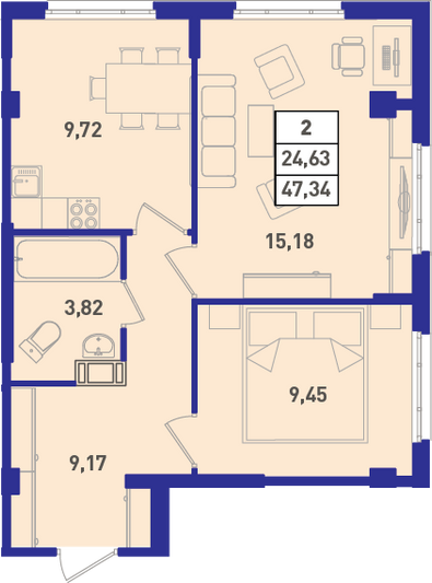 Продажа 2-комнатной квартиры 48 м², 17/18 этаж