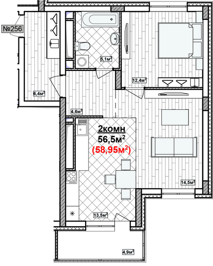 Продажа 2-комнатной квартиры 59 м², 18/19 этаж