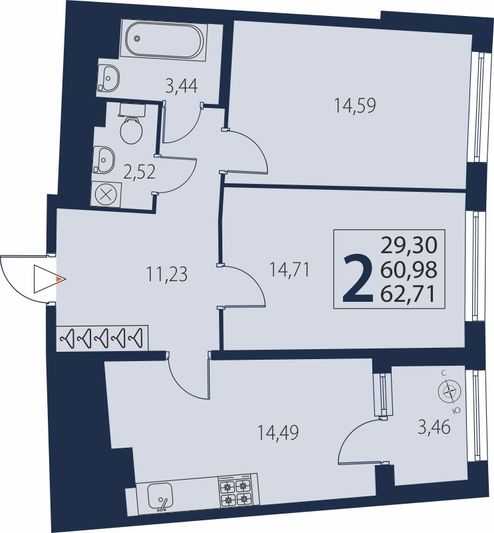 Продажа 2-комнатной квартиры 62,7 м², 11/25 этаж