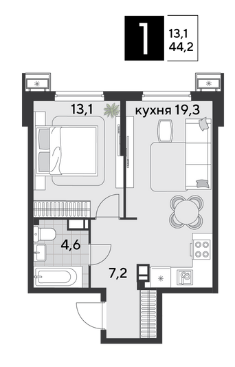 Продажа 1-комнатной квартиры 44,2 м², 7/18 этаж