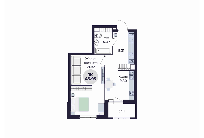 Продажа 1-комнатной квартиры 46 м², 23/25 этаж
