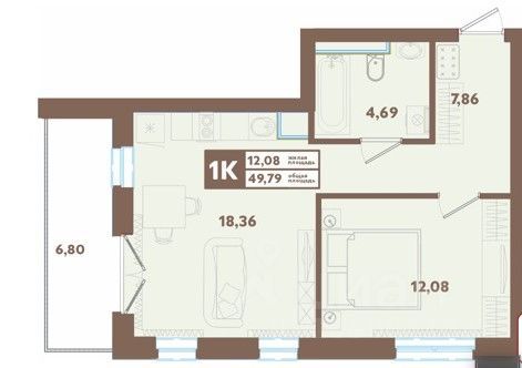 Продажа 2-комнатной квартиры 50 м², 3/4 этаж