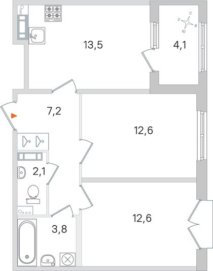 Продажа 2-комнатной квартиры 53,8 м², 4/4 этаж