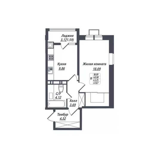 Продажа 1-комнатной квартиры 41,7 м², 3/8 этаж