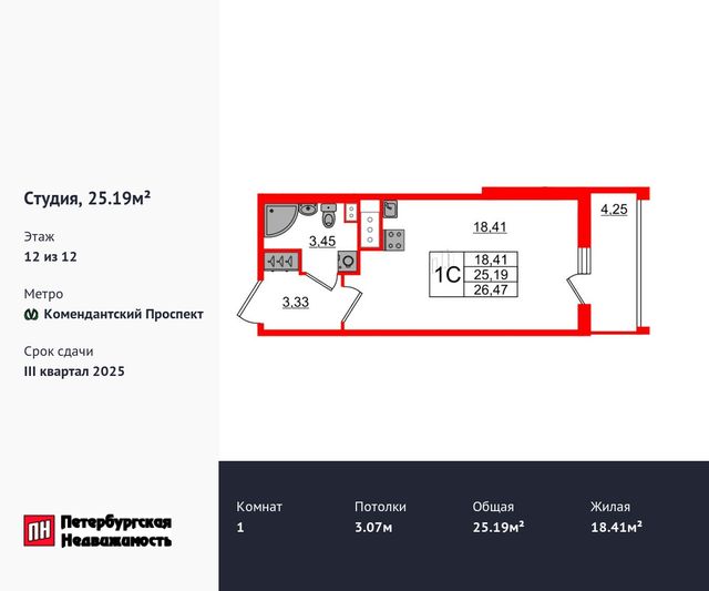 Продажа квартиры-студии 25,2 м², 12/12 этаж