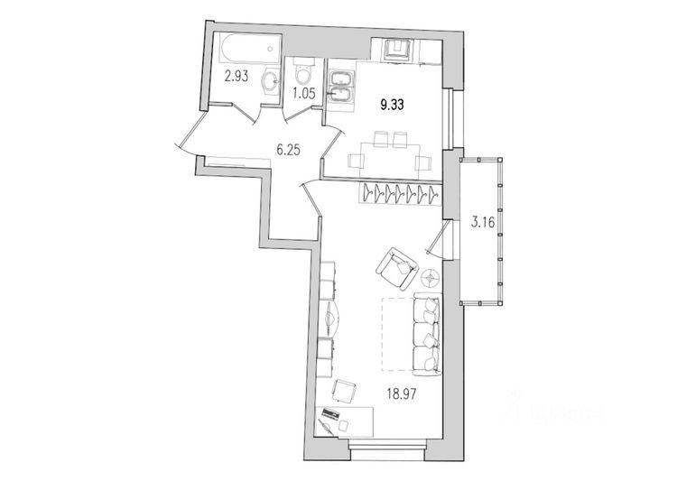 Продажа 1-комнатной квартиры 42,1 м², 21/22 этаж