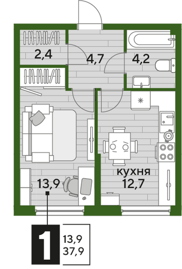 Продажа 1-комнатной квартиры 37,9 м², 2/16 этаж