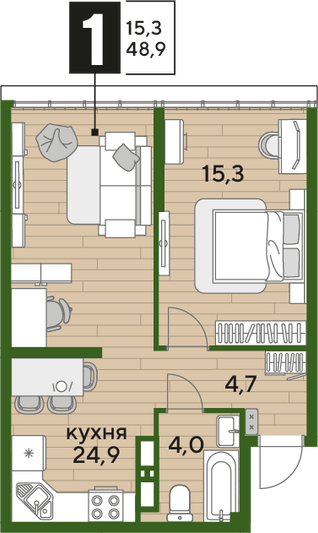 Продажа 1-комнатной квартиры 48,9 м², 16/16 этаж