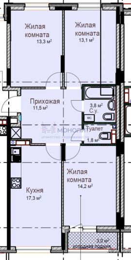 Продажа 3-комнатной квартиры 76,5 м², 10/18 этаж
