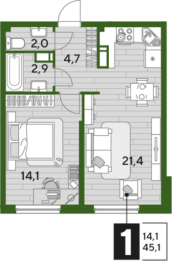 Продажа 1-комнатной квартиры 45,1 м², 10/16 этаж