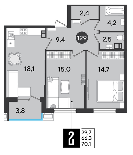 Продажа 2-комнатной квартиры 70,1 м², 8/9 этаж