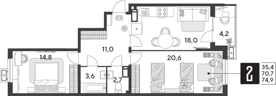 Продажа 2-комнатной квартиры 74,9 м², 16/18 этаж