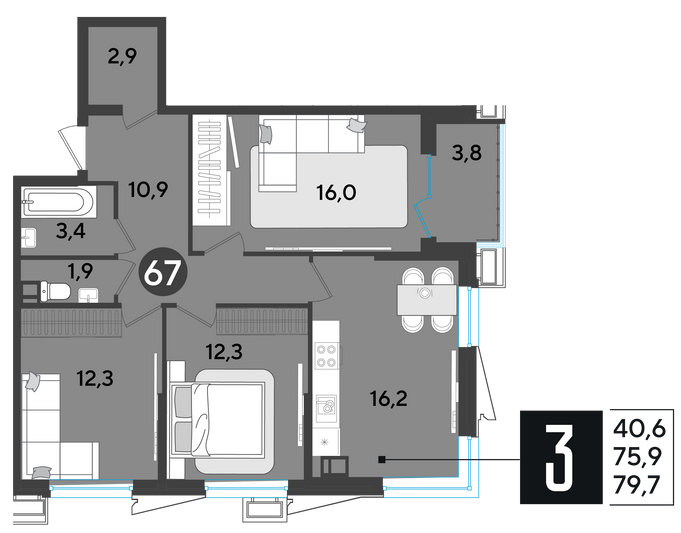 Продажа 3-комнатной квартиры 79,7 м², 9/18 этаж