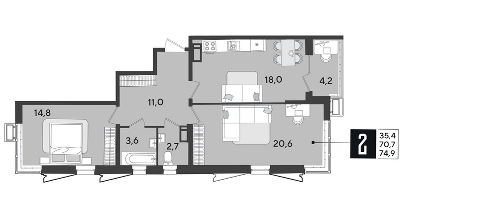 Продажа 2-комнатной квартиры 74,9 м², 18/18 этаж