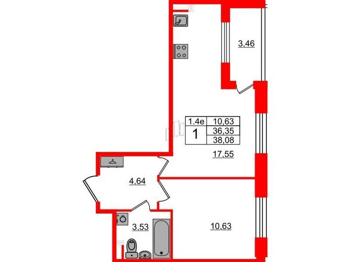 Продажа 1-комнатной квартиры 36,3 м², 3/5 этаж