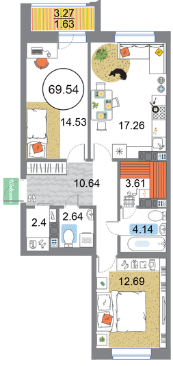 Продажа 2-комнатной квартиры 69,5 м², 4/12 этаж