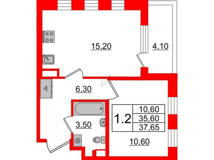 Продажа 1-комнатной квартиры 35,6 м², 2/4 этаж