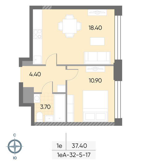 Продажа 1-комнатной квартиры 37,4 м², 14/30 этаж