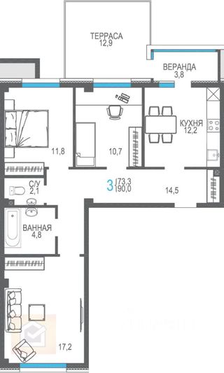 Продажа 3-комнатной квартиры 90 м², 1/10 этаж