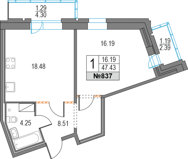 Продажа 1-комнатной квартиры 47,4 м², 10/25 этаж