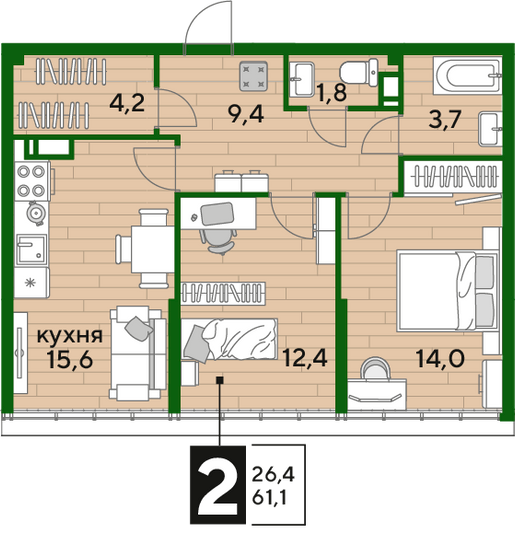 Продажа 2-комнатной квартиры 61,1 м², 19/19 этаж