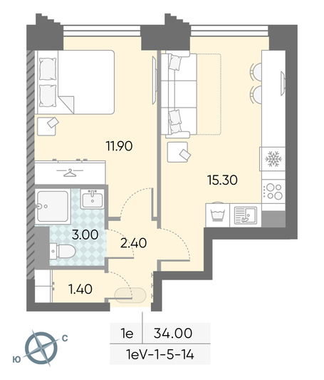 Продажа 1-комнатной квартиры 34 м², 6/58 этаж