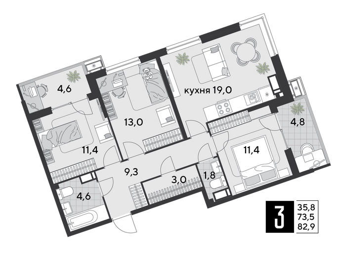 Продажа 3-комнатной квартиры 82,9 м², 10/18 этаж