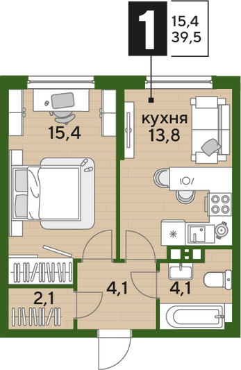Продажа 1-комнатной квартиры 39,5 м², 5/16 этаж